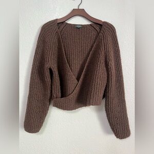 Cropped Wrap Sweater – Textured Rib Knit, Brown